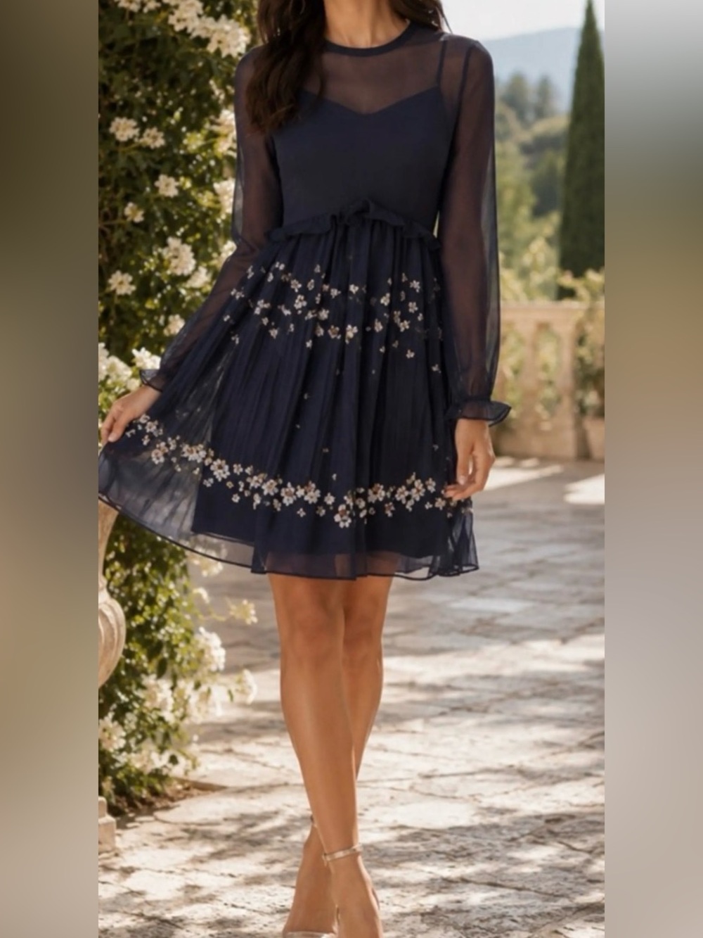 Ted Baker Navy Floral Long Sleeve Chiffon Dress - Picture 7 of 15
